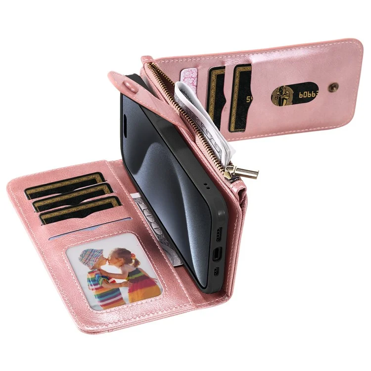 KT Serie Multifuncional-3 para iPhone 15 Pro Funda Magnética Desmontable Flip Funda de Cuero PU con Bolsillo con Cremallera - Oro Rosa