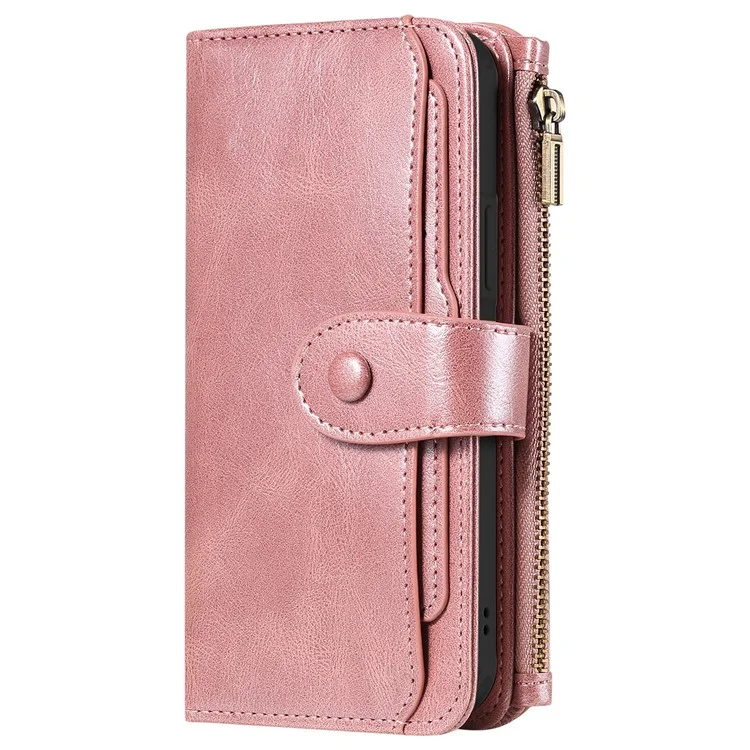KT Serie Multifuncional-3 para iPhone 15 Pro Funda Magnética Desmontable Flip Funda de Cuero PU con Bolsillo con Cremallera - Oro Rosa