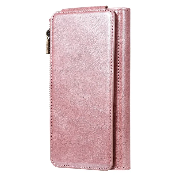 KT Serie Multifuncional-3 para iPhone 15 Pro Funda Magnética Desmontable Flip Funda de Cuero PU con Bolsillo con Cremallera - Oro Rosa