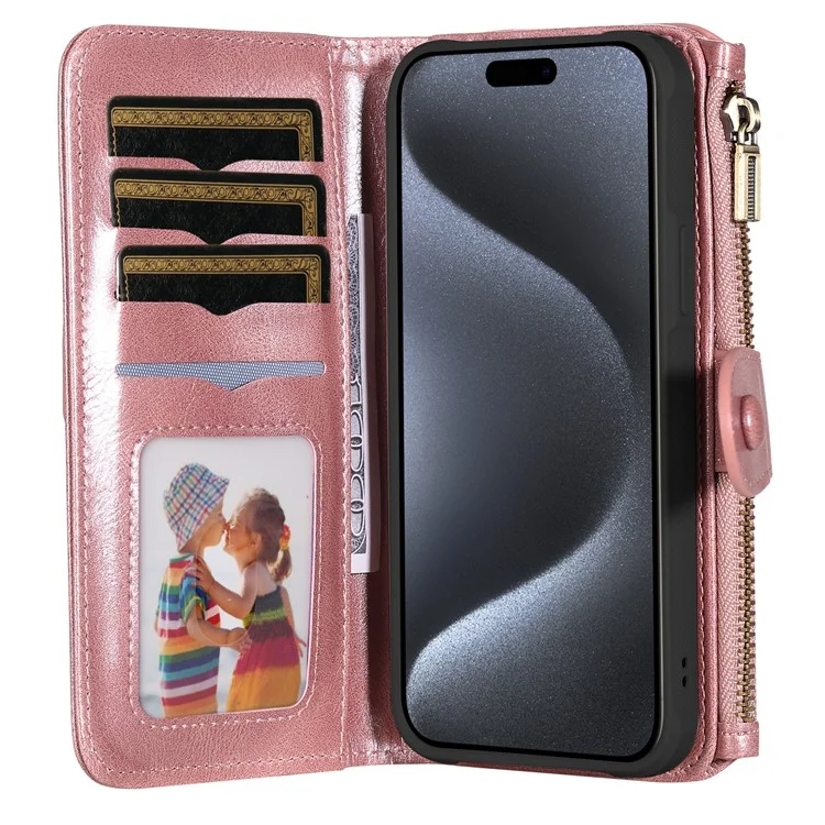KT Serie Multifuncional-3 para iPhone 15 Pro Funda Magnética Desmontable Flip Funda de Cuero PU con Bolsillo con Cremallera - Oro Rosa