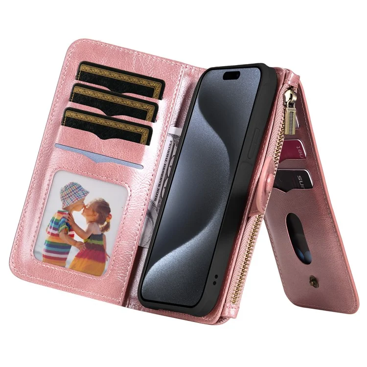 KT Serie Multifuncional-3 para iPhone 15 Pro Funda Magnética Desmontable Flip Funda de Cuero PU con Bolsillo con Cremallera - Oro Rosa