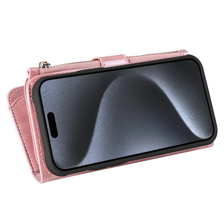 KT Serie Multifuncional-3 para iPhone 15 Pro Funda Magnética Desmontable Flip Funda de Cuero PU con Bolsillo con Cremallera - Oro Rosa