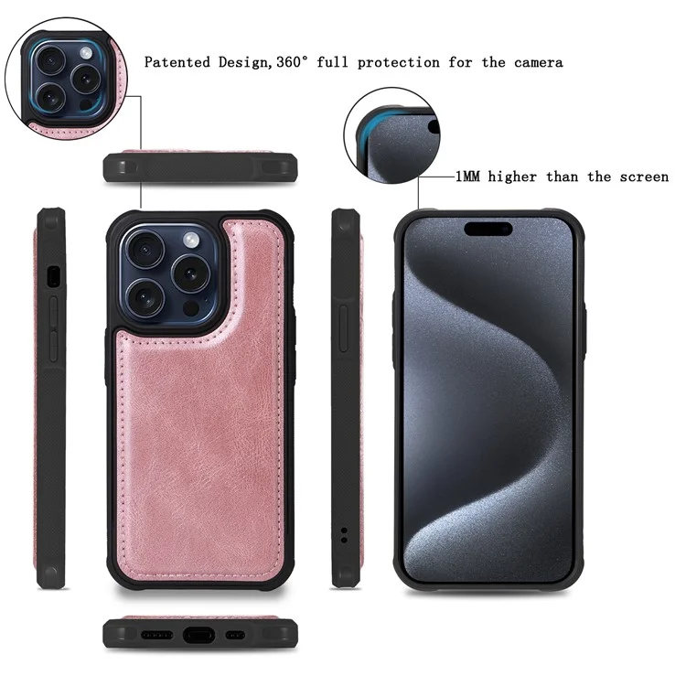 KT Serie Multifuncional-3 para iPhone 15 Pro Funda Magnética Desmontable Flip Funda de Cuero PU con Bolsillo con Cremallera - Oro Rosa