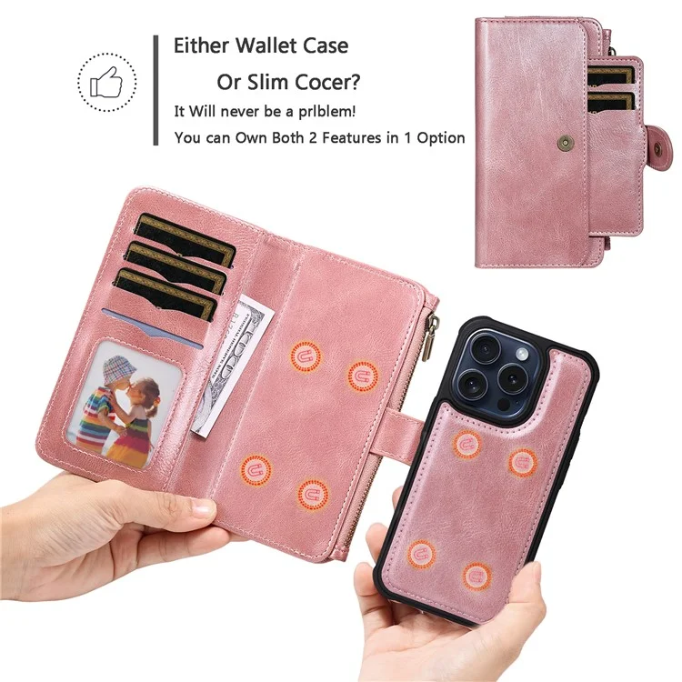 KT Serie Multifuncional-3 para iPhone 15 Pro Funda Magnética Desmontable Flip Funda de Cuero PU con Bolsillo con Cremallera - Oro Rosa