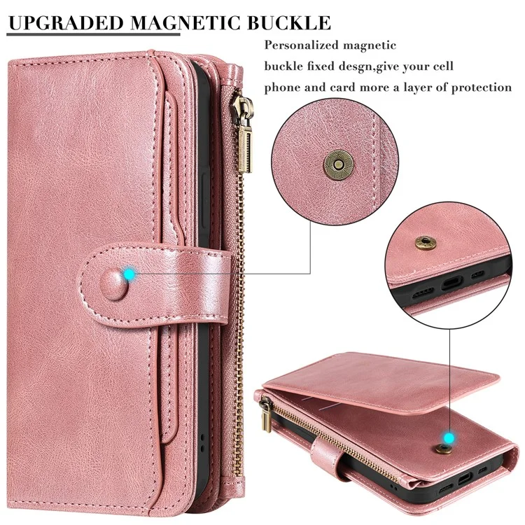 KT Serie Multifuncional-3 para iPhone 15 Pro Funda Magnética Desmontable Flip Funda de Cuero PU con Bolsillo con Cremallera - Oro Rosa