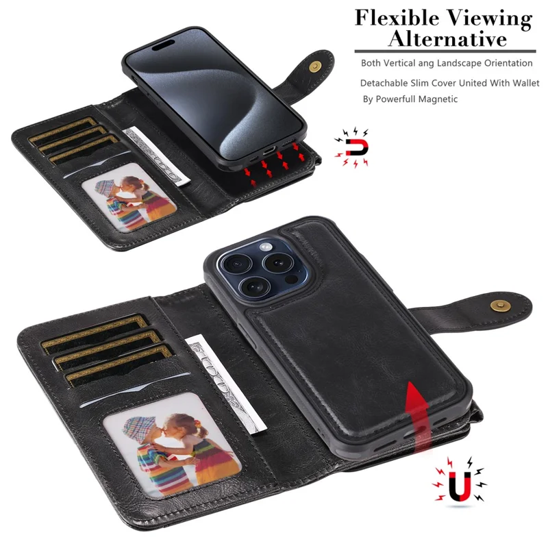 Voor iPhone 15 Pro Magnetische Case Afneembare PU Leren Zipper Portemonnee Cover - Zwart