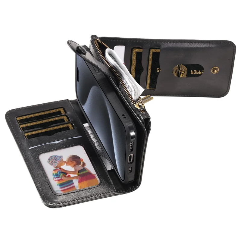 Voor iPhone 15 Pro Magnetische Case Afneembare PU Leren Zipper Portemonnee Cover - Zwart