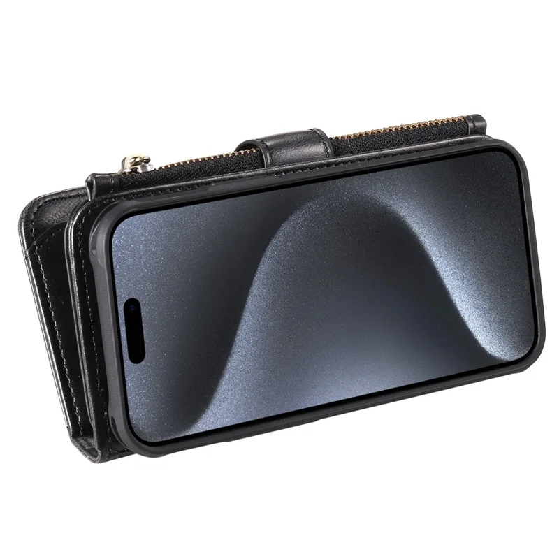 Voor iPhone 15 Pro Magnetische Case Afneembare PU Leren Zipper Portemonnee Cover - Zwart