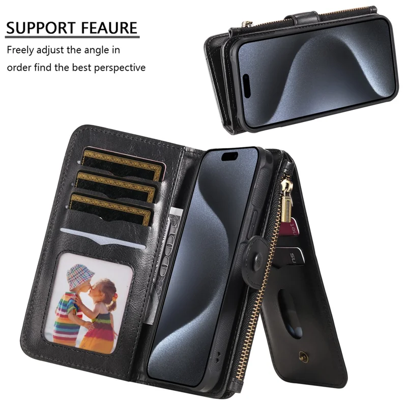 Voor iPhone 15 Pro Magnetische Case Afneembare PU Leren Zipper Portemonnee Cover - Zwart