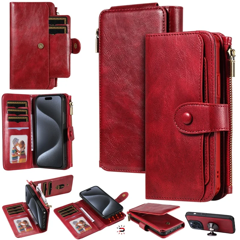For iPhone 15 Pro Magnetic Case Detachable PU Leather Zipper Wallet Cover - Red