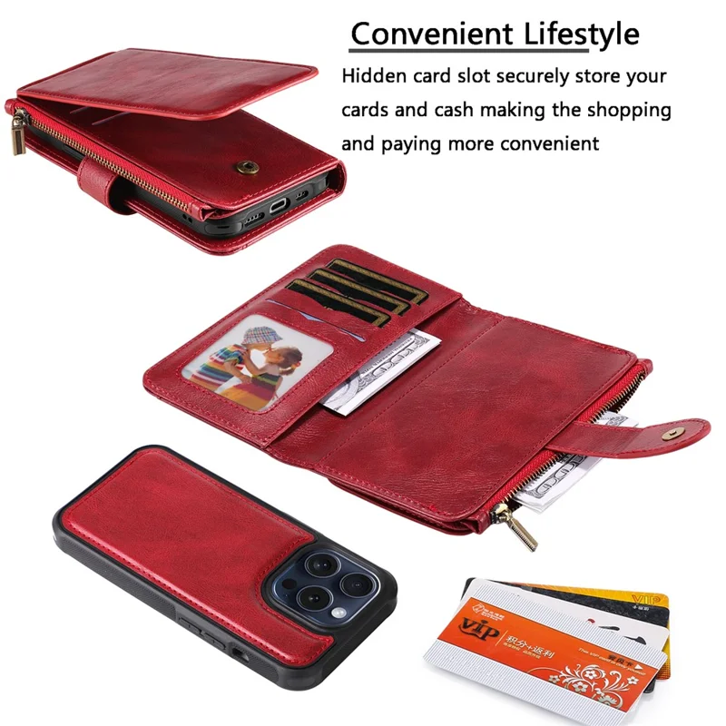 For iPhone 15 Pro Magnetic Case Detachable PU Leather Zipper Wallet Cover - Red