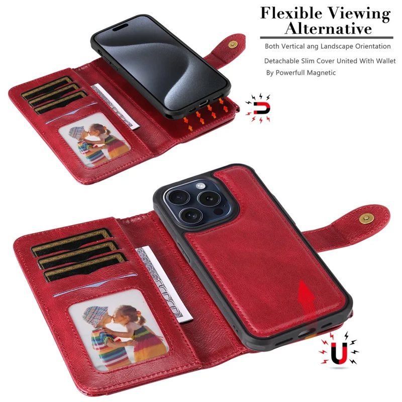 For iPhone 15 Pro Magnetic Case Detachable PU Leather Zipper Wallet Cover - Red