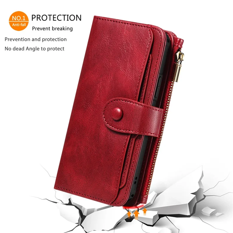 For iPhone 15 Pro Magnetic Case Detachable PU Leather Zipper Wallet Cover - Red