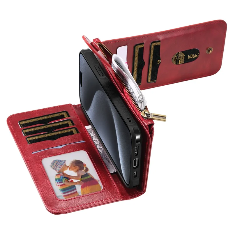 For iPhone 15 Pro Magnetic Case Detachable PU Leather Zipper Wallet Cover - Red