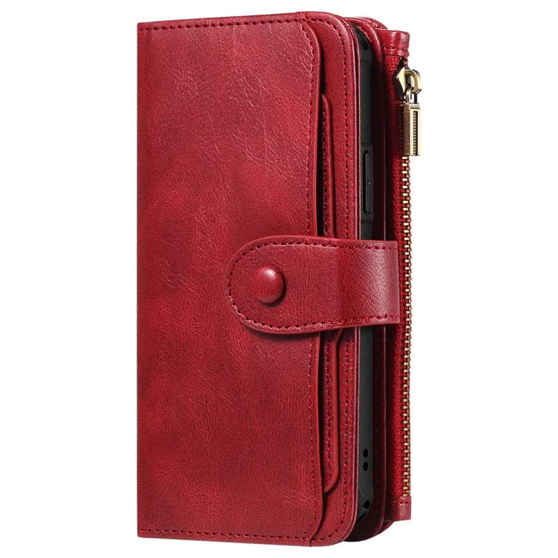 For iPhone 15 Pro Magnetic Case Detachable PU Leather Zipper Wallet Cover - Red