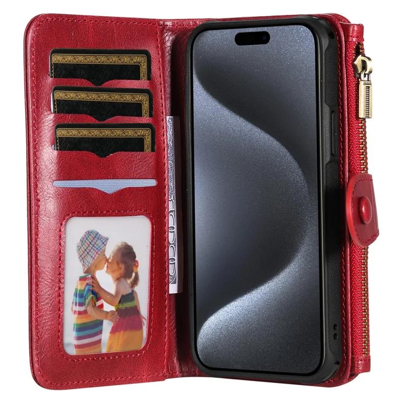 For iPhone 15 Pro Magnetic Case Detachable PU Leather Zipper Wallet Cover - Red