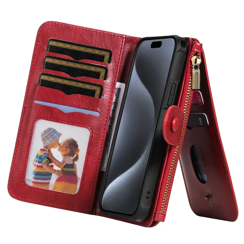 For iPhone 15 Pro Magnetic Case Detachable PU Leather Zipper Wallet Cover - Red