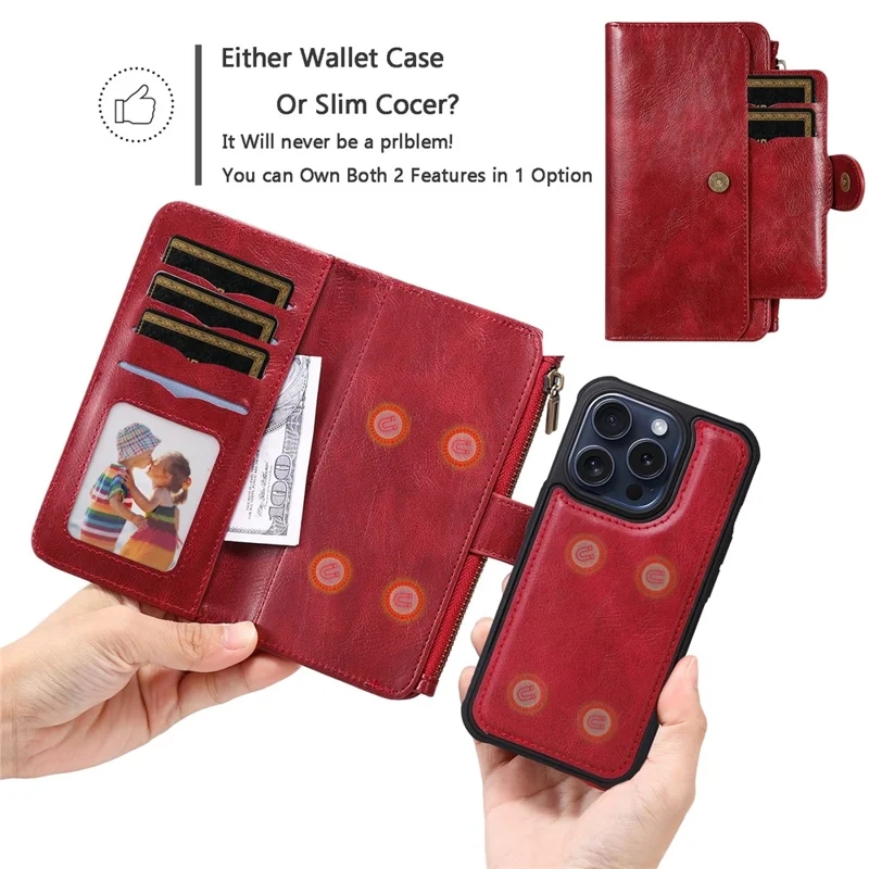 For iPhone 15 Pro Magnetic Case Detachable PU Leather Zipper Wallet Cover - Red