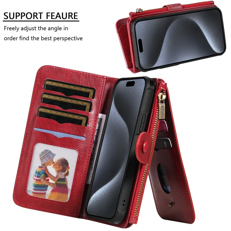 For iPhone 15 Pro Magnetic Case Detachable PU Leather Zipper Wallet Cover - Red