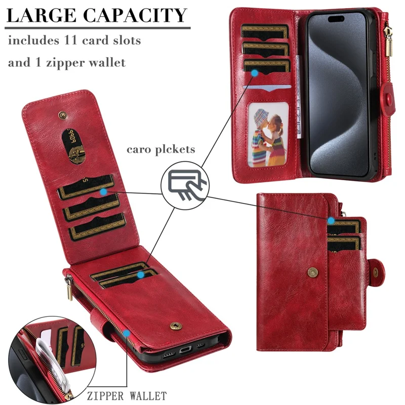 For iPhone 15 Pro Magnetic Case Detachable PU Leather Zipper Wallet Cover - Red