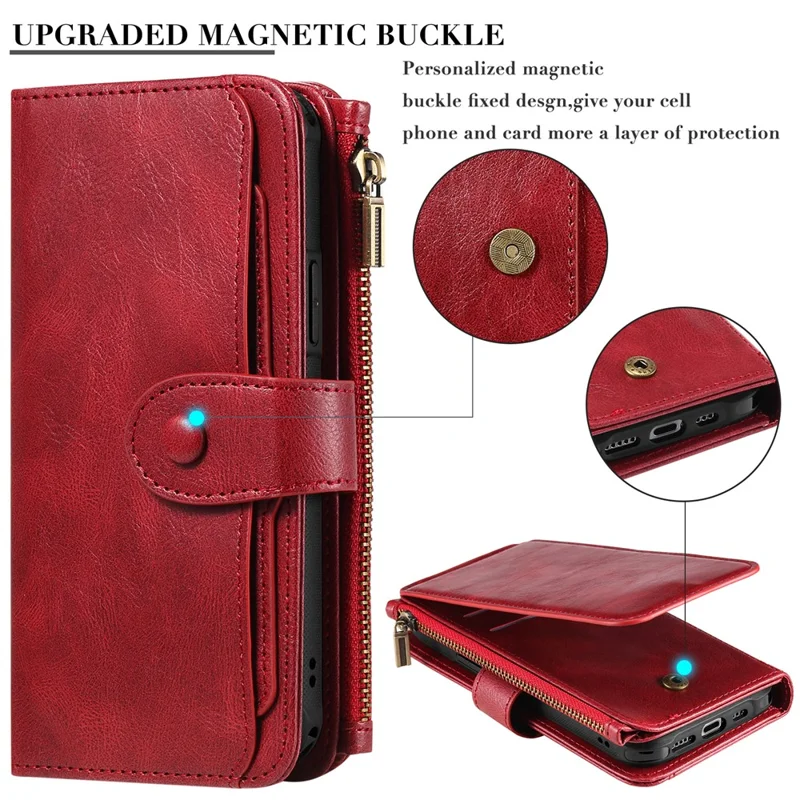 For iPhone 15 Pro Magnetic Case Detachable PU Leather Zipper Wallet Cover - Red