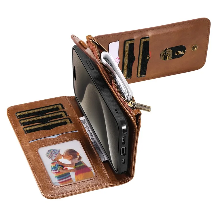 For iPhone 15 Pro Max Magnetic Case Detachable PU Leather Zipper Wallet Cover - Brown