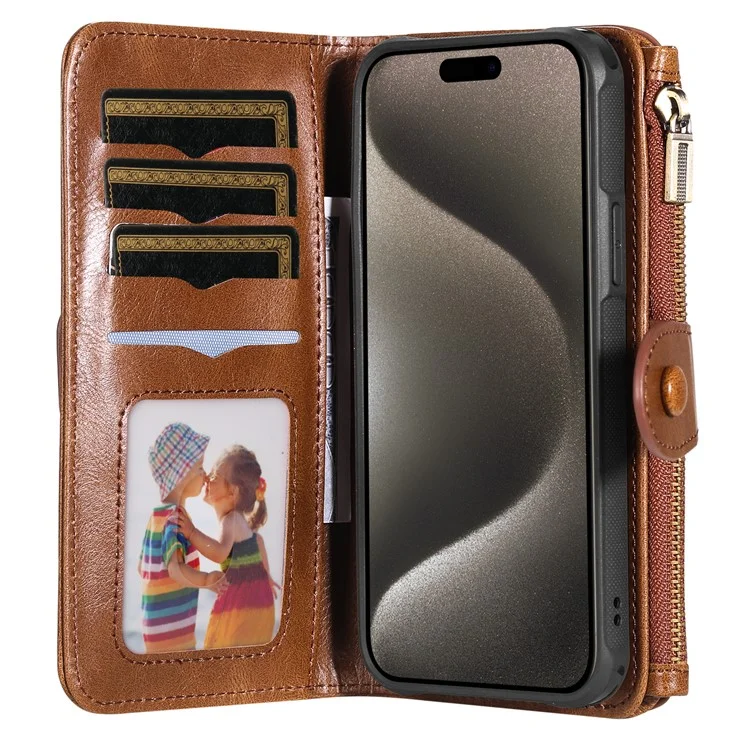 For iPhone 15 Pro Max Magnetic Case Detachable PU Leather Zipper Wallet Cover - Brown