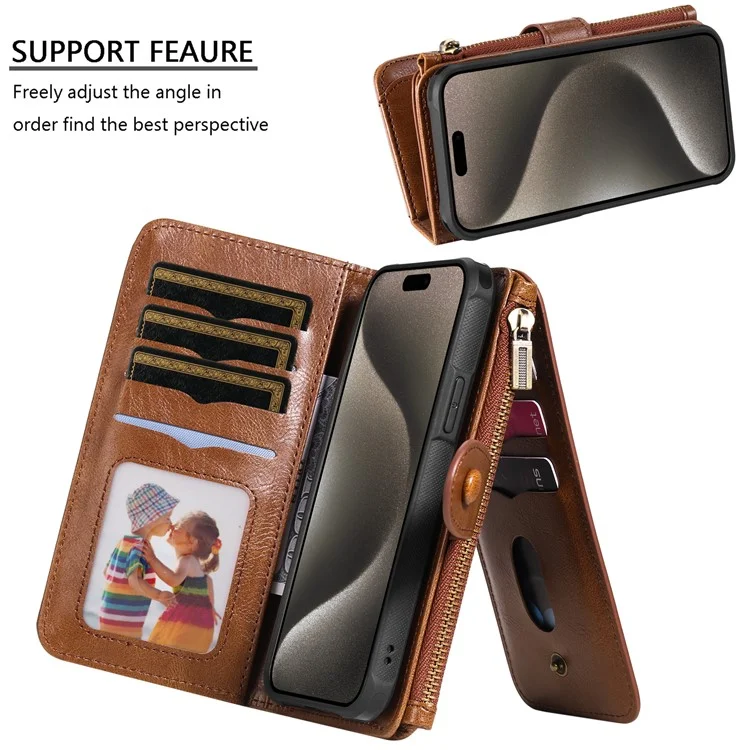 KT Multi-functional Series-3 For iPhone 15 Pro Max Magnetic Detachable Cover PU Leather Zipper Pocket Wallet Phone Case - Brown