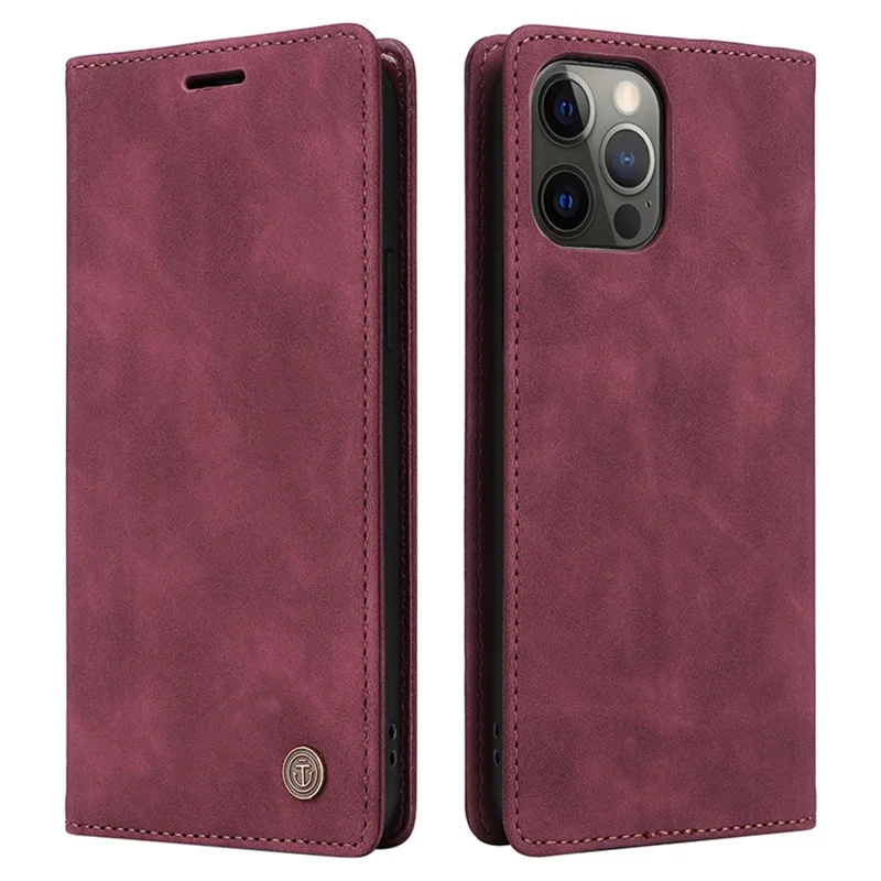 006 Series For iPhone 14 Pro Max Leather Case Suction Cups Closure Phone Cover - Wine Red