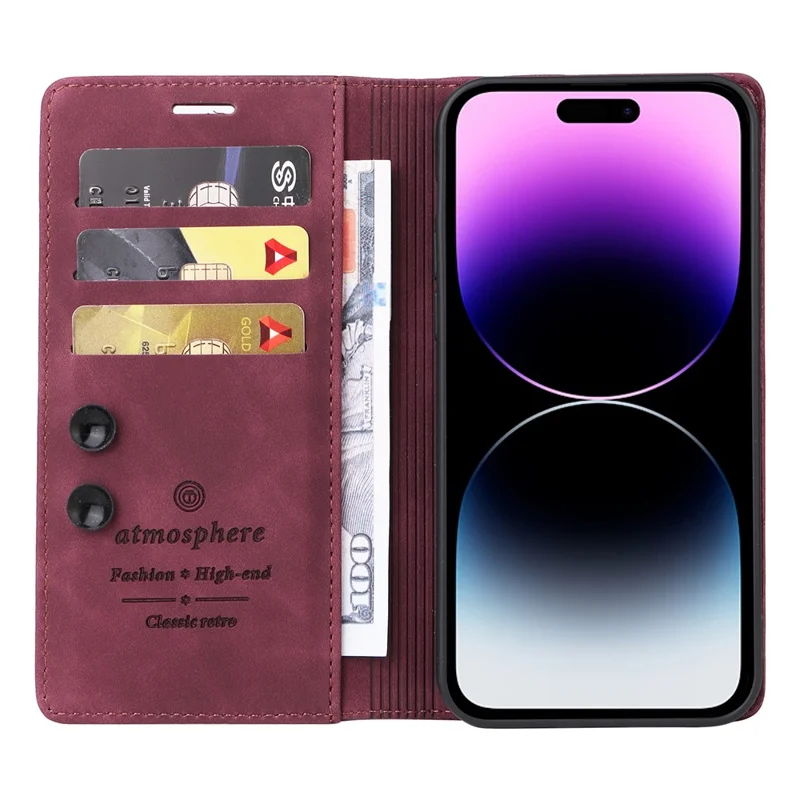 006 Series For iPhone 14 Pro Max Leather Case Suction Cups Closure Phone Cover - Wine Red