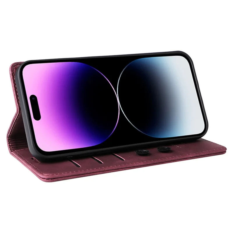 006 Series For iPhone 14 Pro Max Leather Case Suction Cups Closure Phone Cover - Wine Red