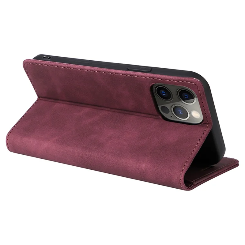 006 Series For iPhone 14 Pro Max Leather Case Suction Cups Closure Phone Cover - Wine Red
