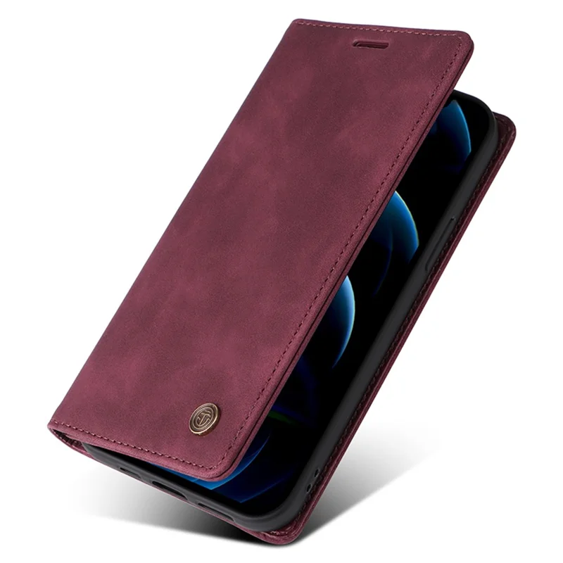 006 Series For iPhone 14 Pro Max Leather Case Suction Cups Closure Phone Cover - Wine Red