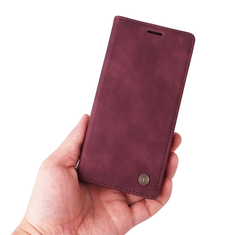 006 Series For iPhone 14 Pro Max Leather Case Suction Cups Closure Phone Cover - Wine Red