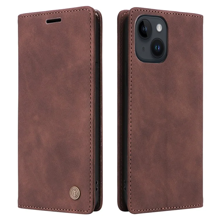 006 Series For iPhone 14 Case Suction Cups Closure Wallet Phone Cover - Coffee