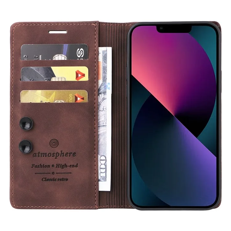006 Series For iPhone 14 Case Suction Cups Closure Wallet Phone Cover - Coffee