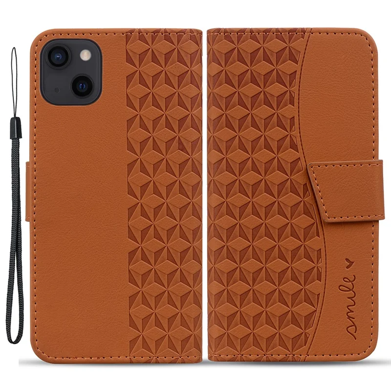 For iPhone 14 Plus Case Wallet Stand Imprinted Rhombus Phone Cover - Brown