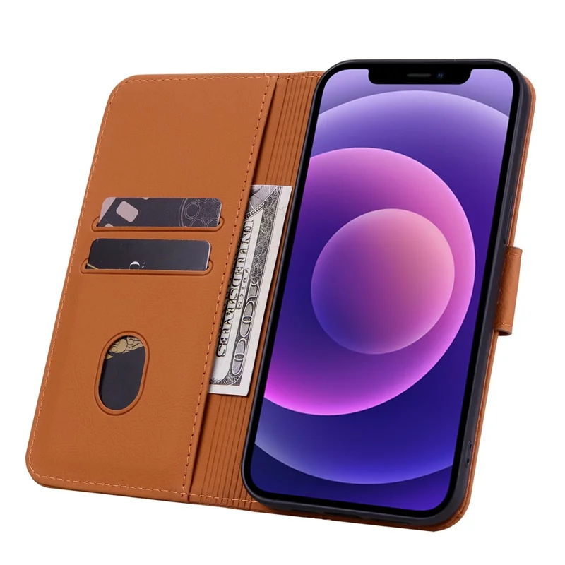 For iPhone 14 Plus Case Wallet Stand Imprinted Rhombus Phone Cover - Brown