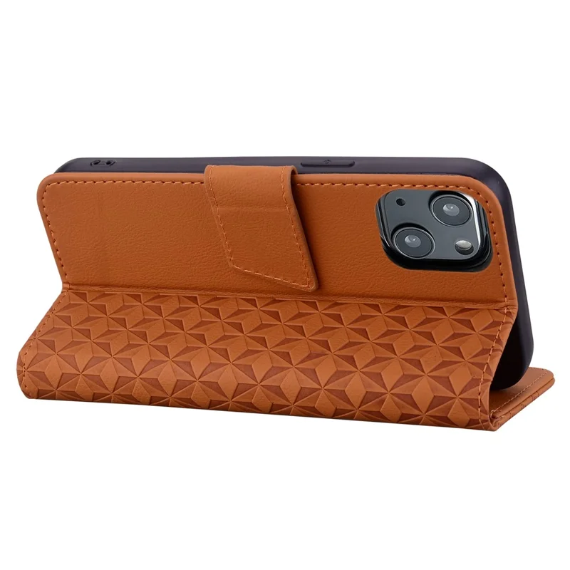For iPhone 14 Plus Case Wallet Stand Imprinted Rhombus Phone Cover - Brown