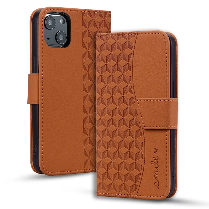 For iPhone 14 Plus Case Wallet Stand Imprinted Rhombus Phone Cover - Brown