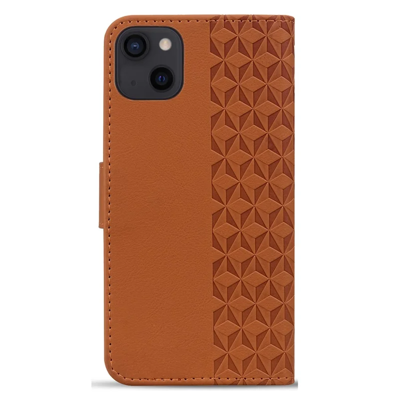For iPhone 14 Plus Case Wallet Stand Imprinted Rhombus Phone Cover - Brown