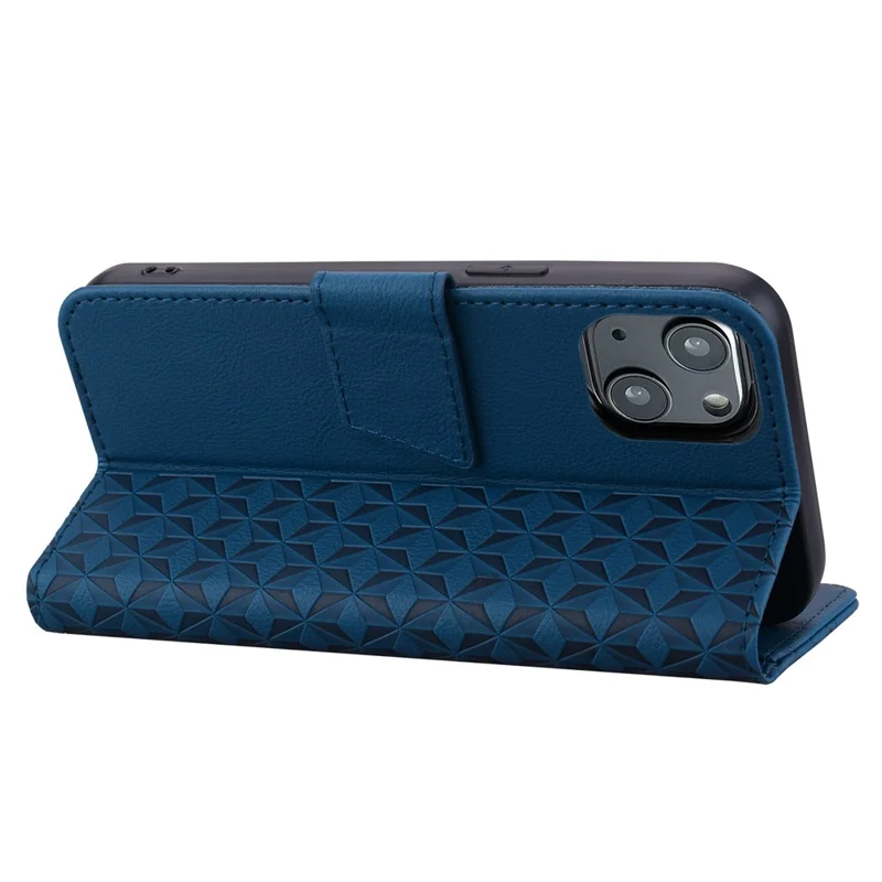For iPhone 14 Plus Case Wallet Stand Imprinted Rhombus Phone Cover - Sapphire
