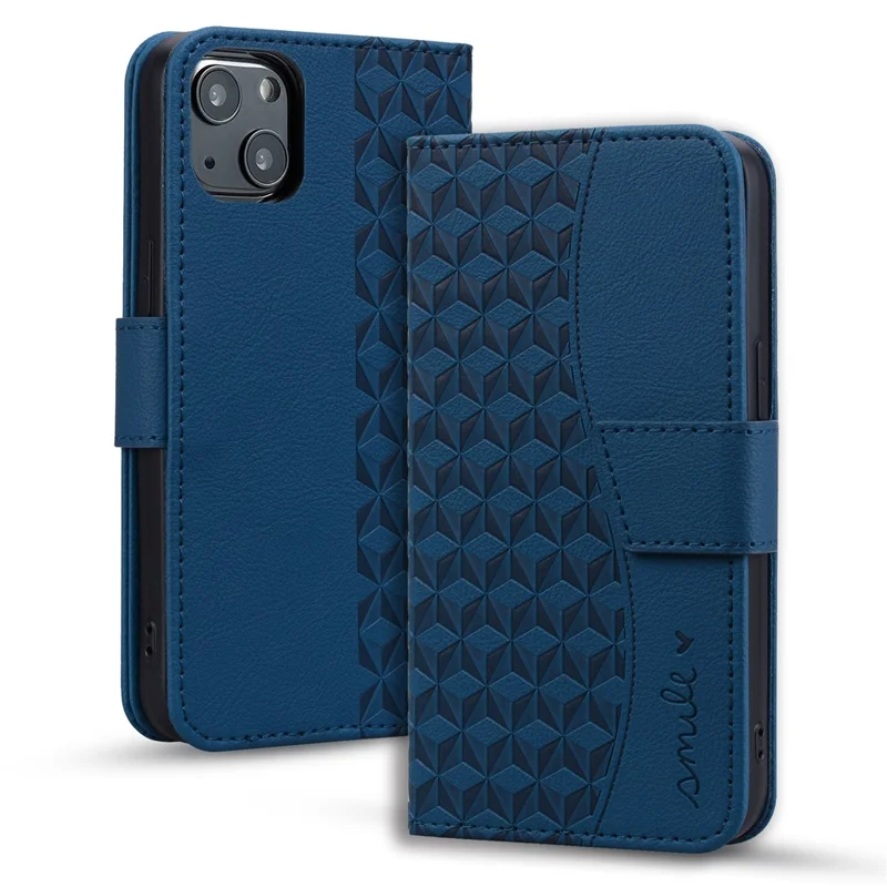 For iPhone 14 Plus Case Wallet Stand Imprinted Rhombus Phone Cover - Sapphire