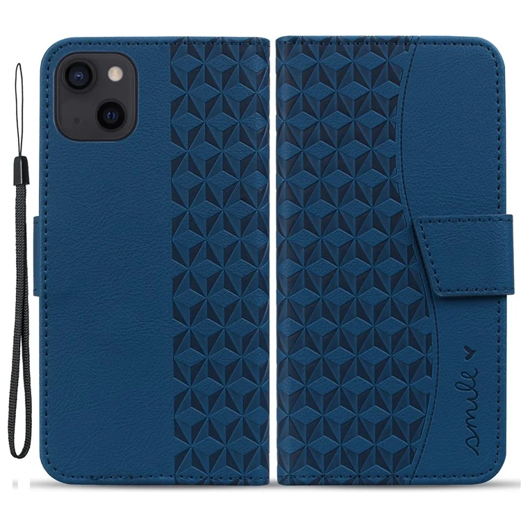 For iPhone 14 Case Imprinted Leather Phone Cover with Wallet Stand - Sapphire