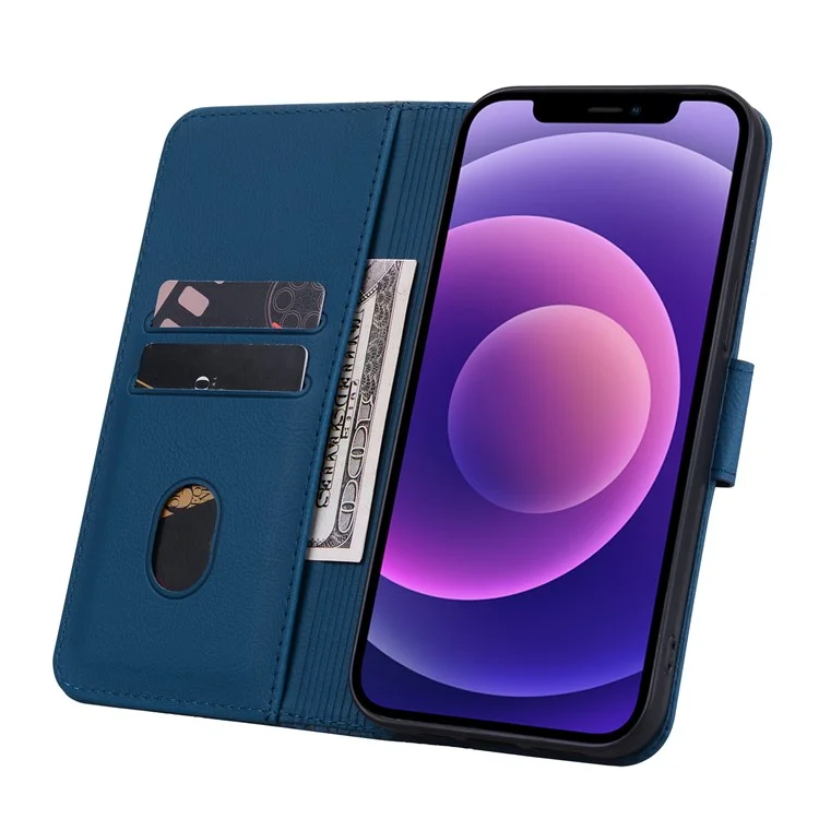 For iPhone 14 Case Imprinted Leather Phone Cover with Wallet Stand - Sapphire