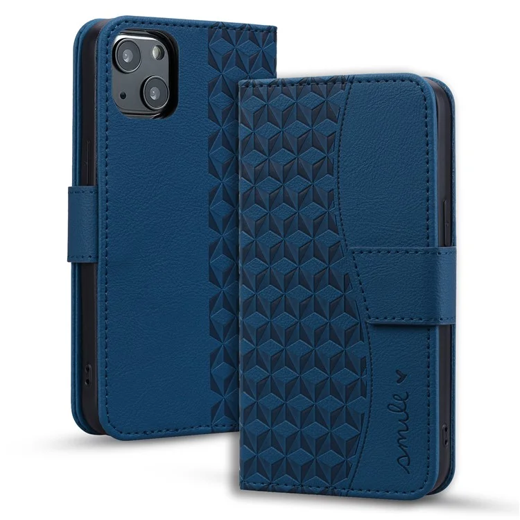 For iPhone 14 Case Imprinted Leather Phone Cover with Wallet Stand - Sapphire