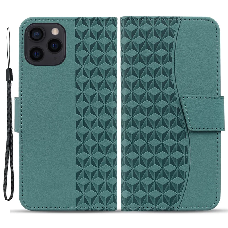 For iPhone 14 Pro Max Leather Case Imprinted Rhombus Wallet Cover - Green