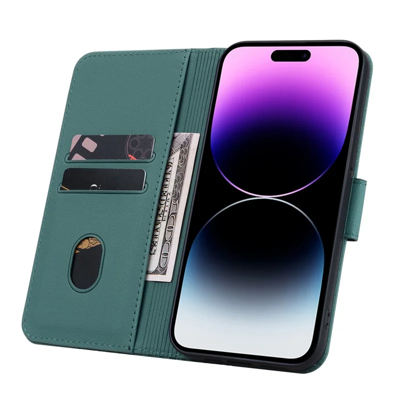 For iPhone 14 Pro Max Leather Case Imprinted Rhombus Wallet Cover - Green