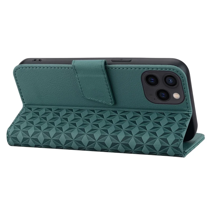For iPhone 14 Pro Max Leather Case Imprinted Rhombus Wallet Cover - Green