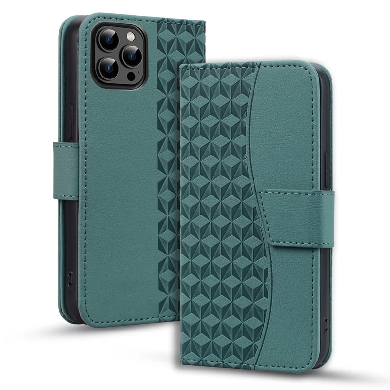 For iPhone 14 Pro Max Leather Case Imprinted Rhombus Wallet Cover - Green